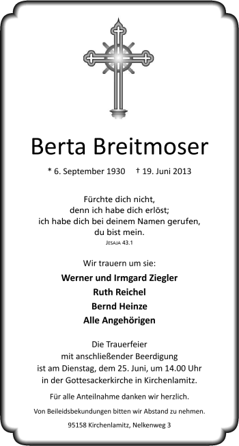 Traueranzeige von Berta Breitmoser von Frankenpost