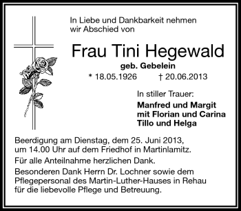 Traueranzeige von Tini Hegewald von Frankenpost