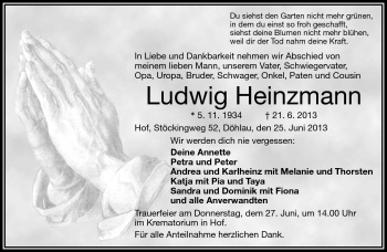Traueranzeige von Ludwig Heinzmann von Frankenpost
