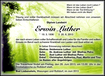 Traueranzeige von Erwin Luther von Südthüringer Presse