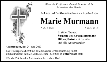 Traueranzeige von Marie Murmann von Neue Presse Coburg