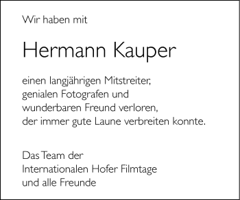 Traueranzeige von Hermann Kauper von Frankenpost
