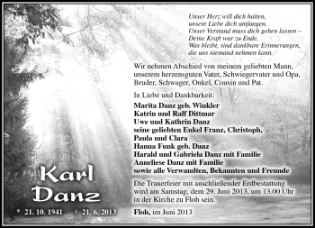 Traueranzeige von Karl Danz von Südthüringer Presse