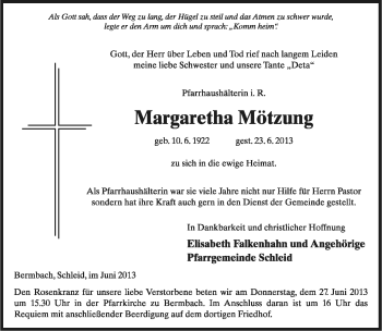 Traueranzeige von Margaretha Mötzung von Südthüringer Presse