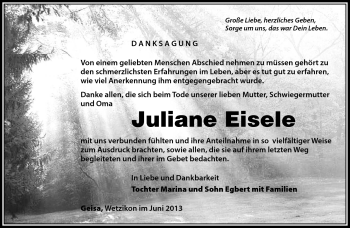 Traueranzeige von Juliane Eisele von Südthüringer Presse