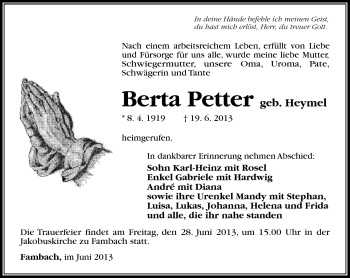 Traueranzeige von Berta Petter von Südthüringer Presse