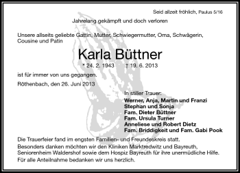 Traueranzeige von Karla Büttner von Frankenpost