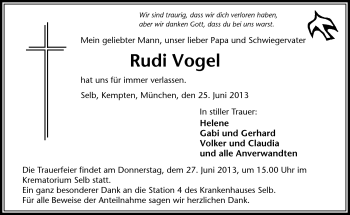 Traueranzeige von Rudi Vogel von Frankenpost