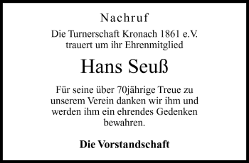 Traueranzeige von Hans Seuß von Neue Presse Coburg
