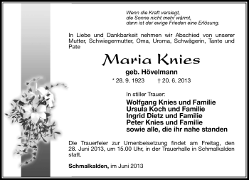Traueranzeige von Maria Knies von Südthüringer Presse