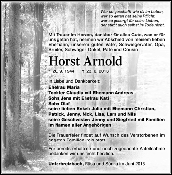 Traueranzeige von Horst Arnold von Südthüringer Presse