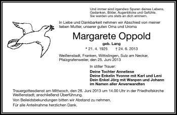 Traueranzeige von Margarete Oppold von Frankenpost