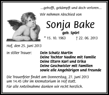 Traueranzeige von Sonja Bake von Frankenpost