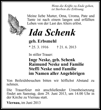 Traueranzeige von Ida Schenk von Südthüringer Presse