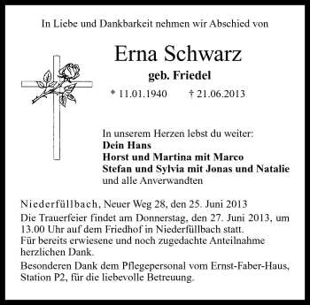 Traueranzeige von Erna Schwarz von Neue Presse Coburg