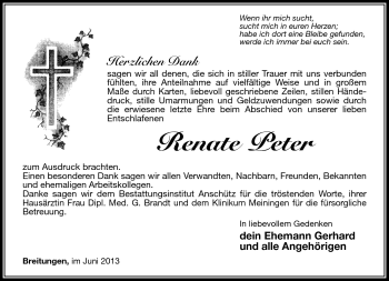 Traueranzeige von Renate Peter von Südthüringer Presse