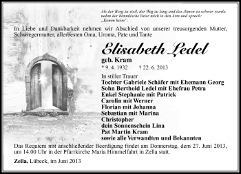 Traueranzeige von Elisabeth Ledel von Südthüringer Presse