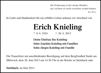 Traueranzeige von Erich Knieling von Südthüringer Presse