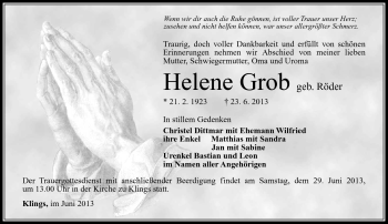 Traueranzeige von Helene Grob von Südthüringer Presse