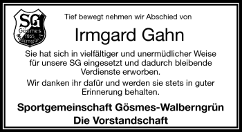 Traueranzeige von Irmgard Gahn von Frankenpost