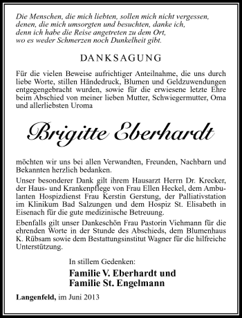 Traueranzeige von Brigitte Eberhardt von Südthüringer Presse