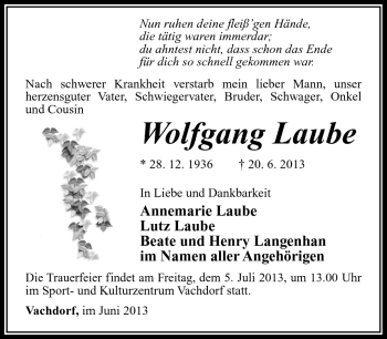 Traueranzeige von Wolfgang Laube von Südthüringer Presse