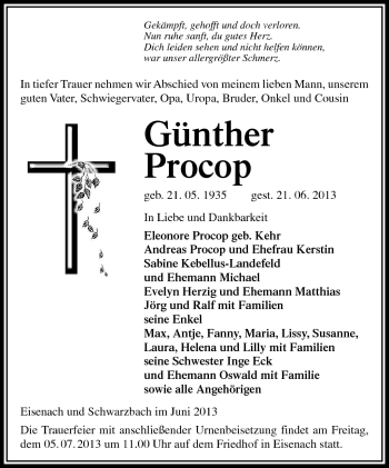 Traueranzeige von Günther Procop von Südthüringer Presse