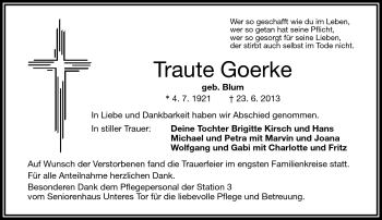 Traueranzeige von Traute Goerke von Frankenpost