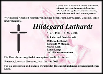Traueranzeige von Hildegard Luthardt von Südthüringer Presse