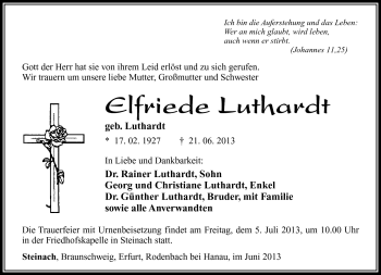 Traueranzeige von Elfriede Luthardt von Südthüringer Presse