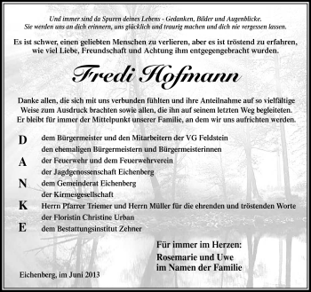 Traueranzeige von Fredi Hofmann von Südthüringer Presse