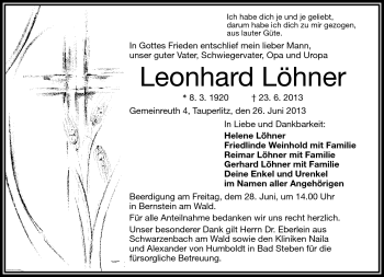 Traueranzeige von Leonhard Löhner von Frankenpost