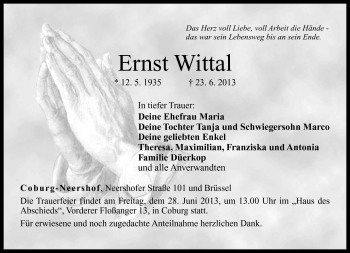 Traueranzeige von Ernst Wittal von Neue Presse Coburg