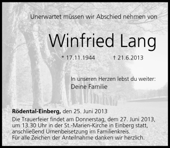 Traueranzeige von Winfried Lang von Neue Presse Coburg