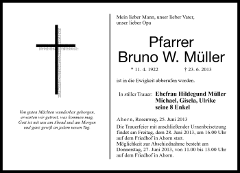 Traueranzeige von Bruno W. Müller von Neue Presse Coburg