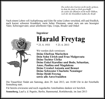 Traueranzeige von Harald Freytag von Südthüringer Presse