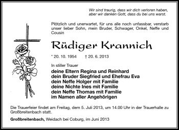 Traueranzeige von Rüdiger Krannich von Südthüringer Presse