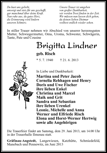 Traueranzeige von Brigitta Lindner von Südthüringer Presse