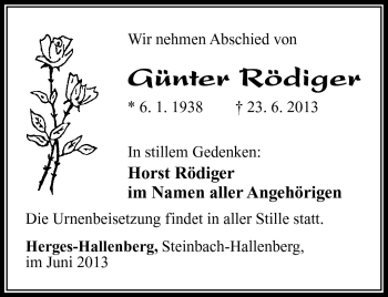 Traueranzeige von Günter Rödiger von Südthüringer Presse
