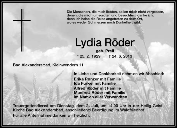 Traueranzeige von Lydia Röder von Frankenpost