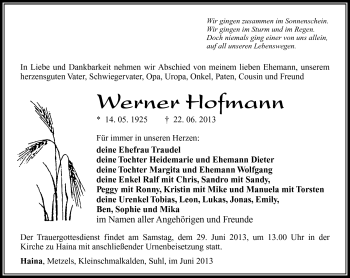 Traueranzeige von Werner Hofmann von Südthüringer Presse