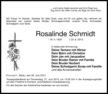 Traueranzeige von Rosalinde Schmidt von Neue Presse Coburg