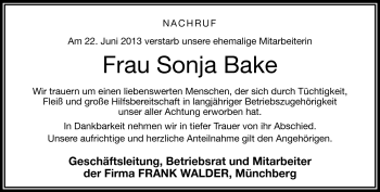 Traueranzeige von Sonja Bake von Frankenpost