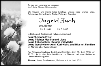 Traueranzeige von Ingrid Juch von Südthüringer Presse