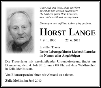 Traueranzeige von Horst Lange von Südthüringer Presse