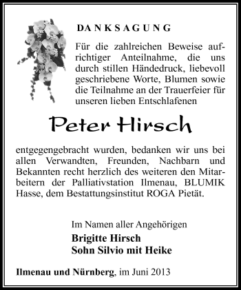 Traueranzeige von Peter Hirsch von Südthüringer Presse