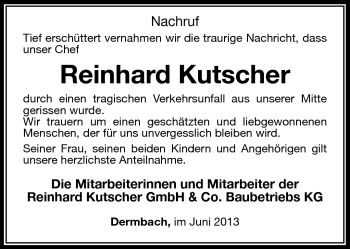 Traueranzeige von Reinhard Kutscher von Südthüringer Presse