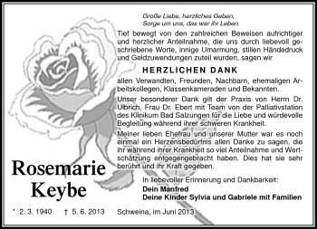 Traueranzeige von Rosemarie Keybe von Südthüringer Presse