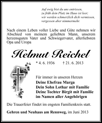 Traueranzeige von Helmut Reichel von Südthüringer Presse