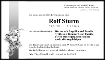 Traueranzeige von Rolf Sturm von Südthüringer Presse